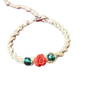 Handmade Beige Bracelet with Red Rose and Green Beads